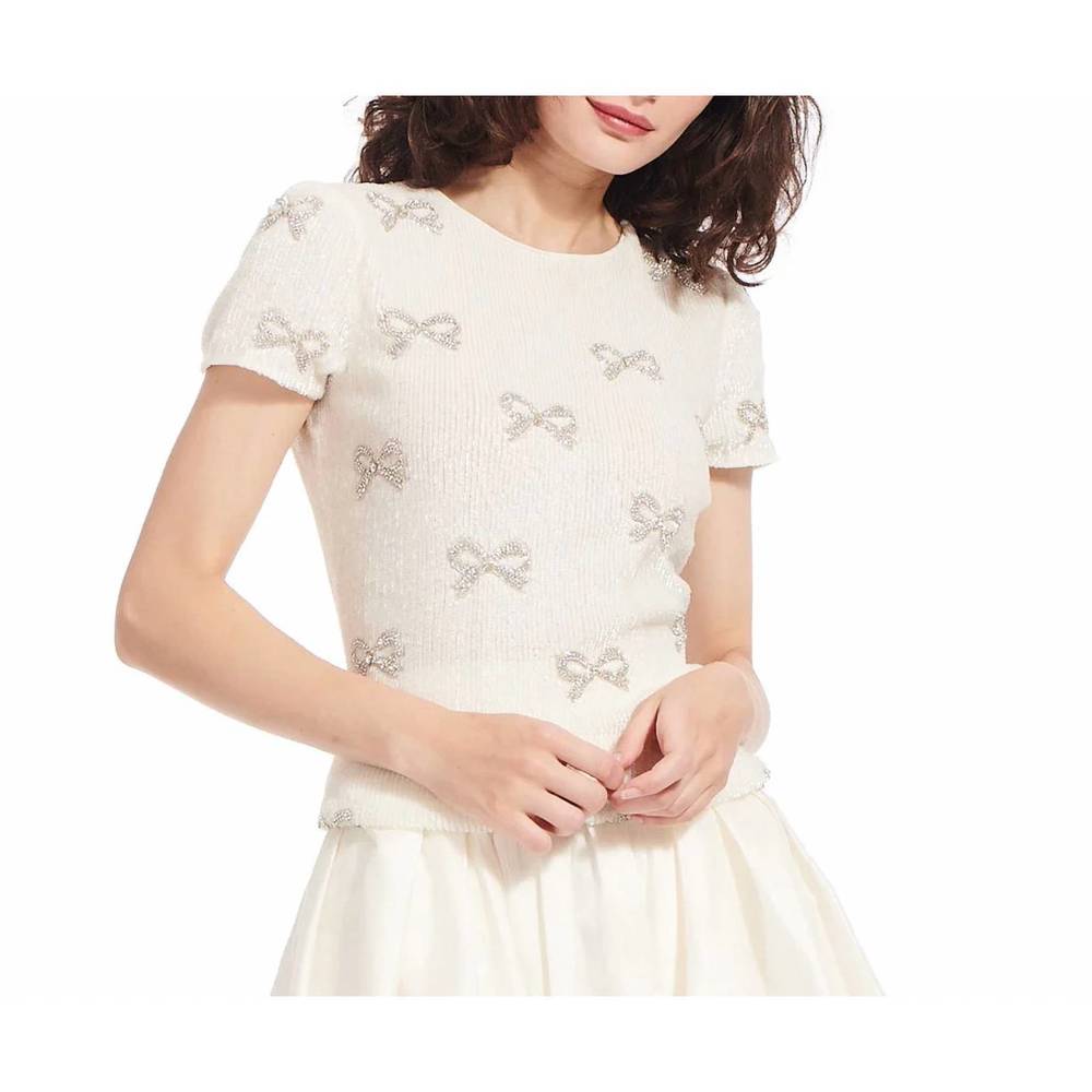 NEW EMILY SHALANT sequin bow top in ivory
